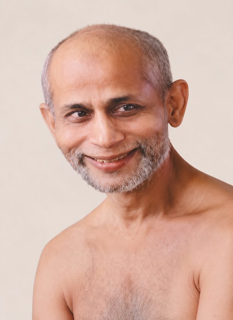 Smiling middle-aged man with a gray beard, bald top, bare shoulders, neutral background.