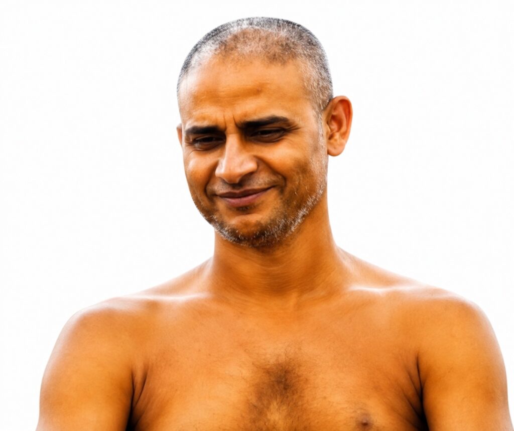 Smiling man with short hair and light stubble, bare shoulders, posing against a white background.