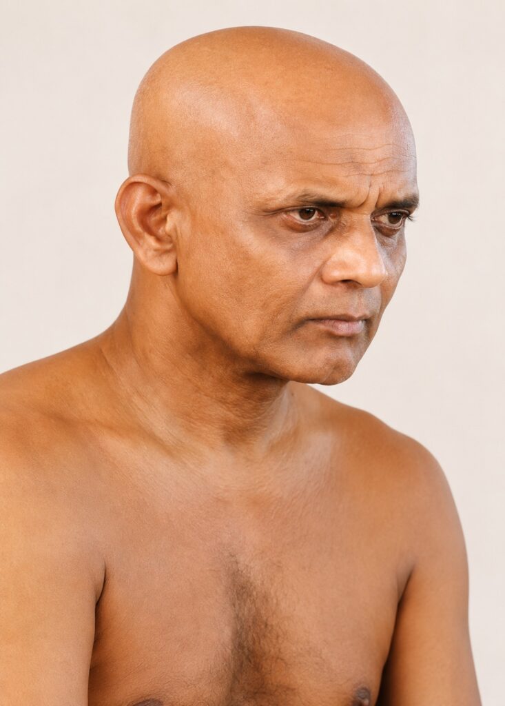 Close-up portrait of a bald man with a serious, focused expression looking to the right side of the frame