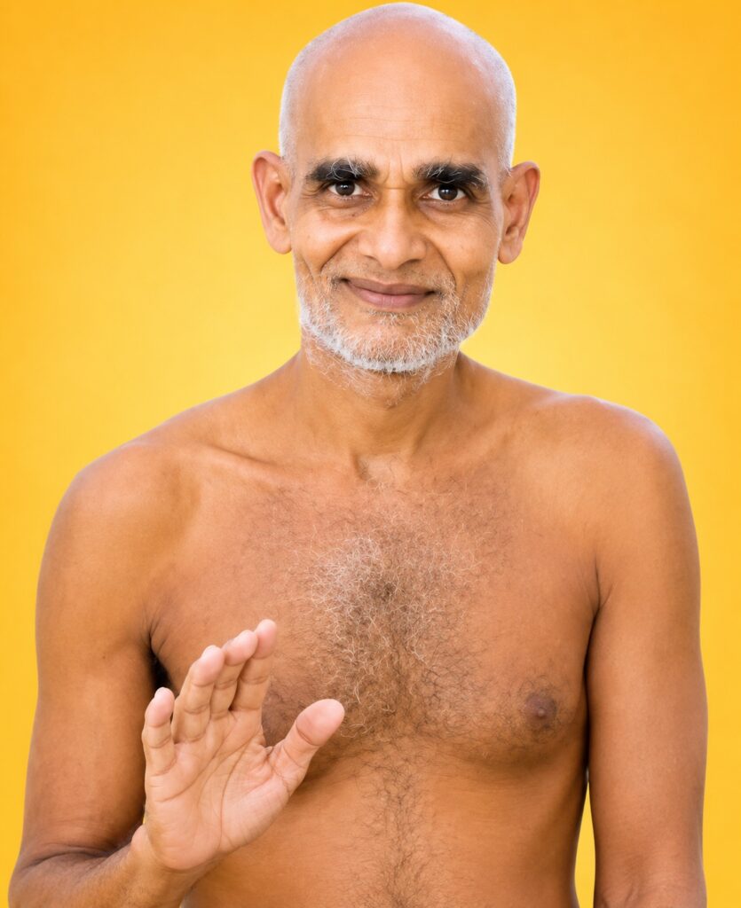 Bald, bearded man with bare chest stands against a yellow background, holding up his hand in a stop gesture.