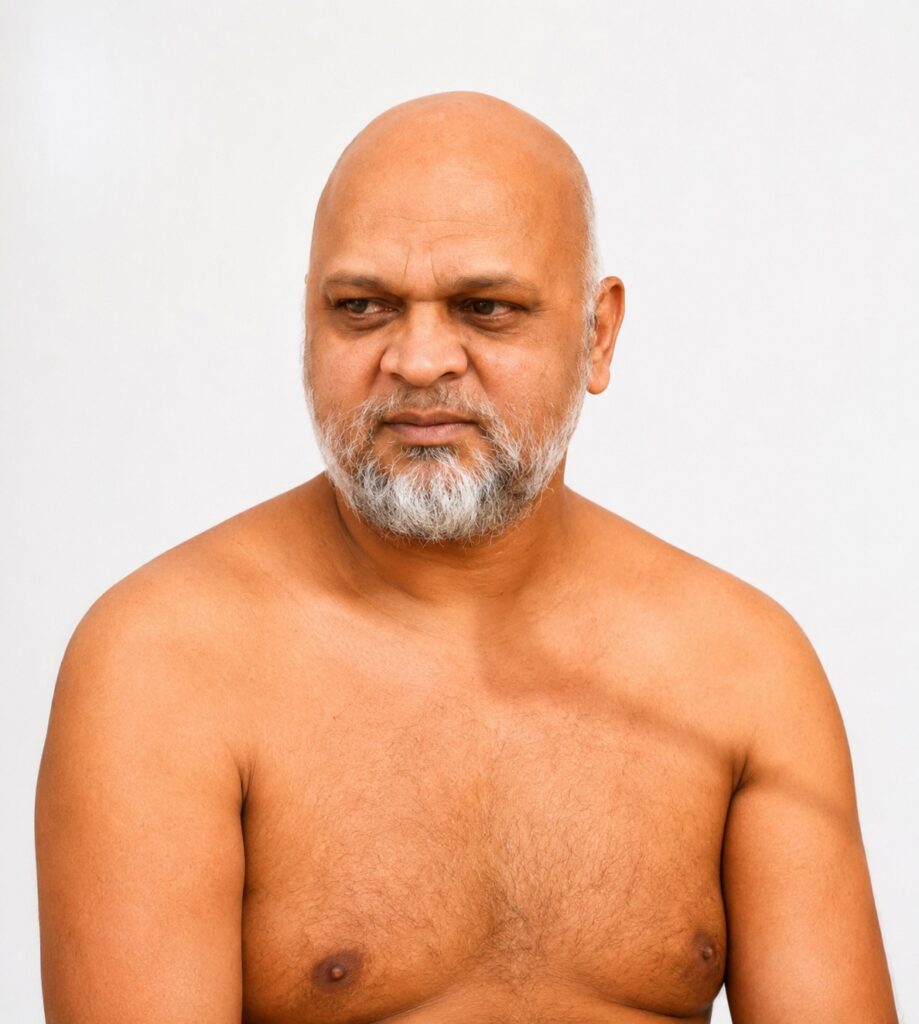 Bald, middle-aged man with a gray beard, shirtless, looking to his left against a plain light background.