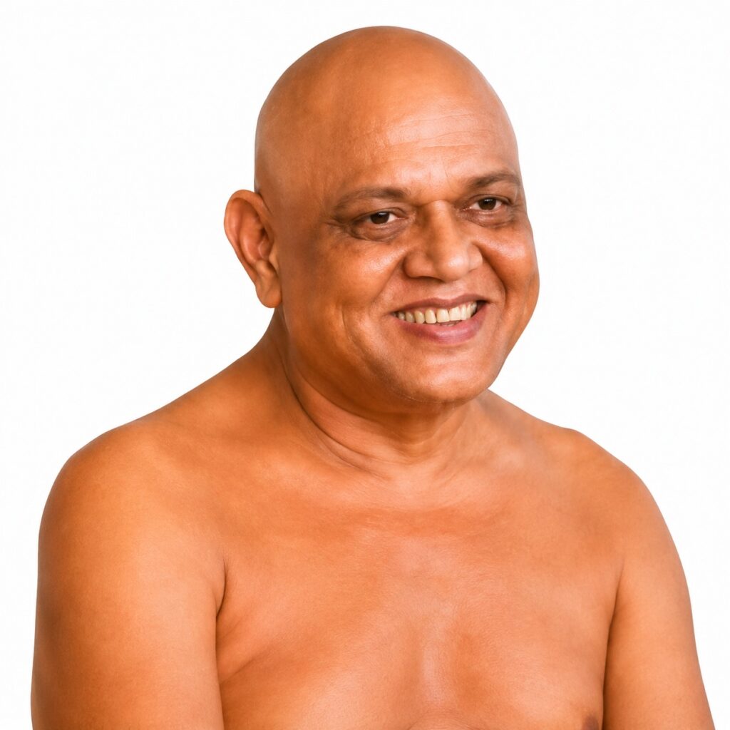 Smiling bald man with bare shoulders, posing against a plain white background (studio portrait).
