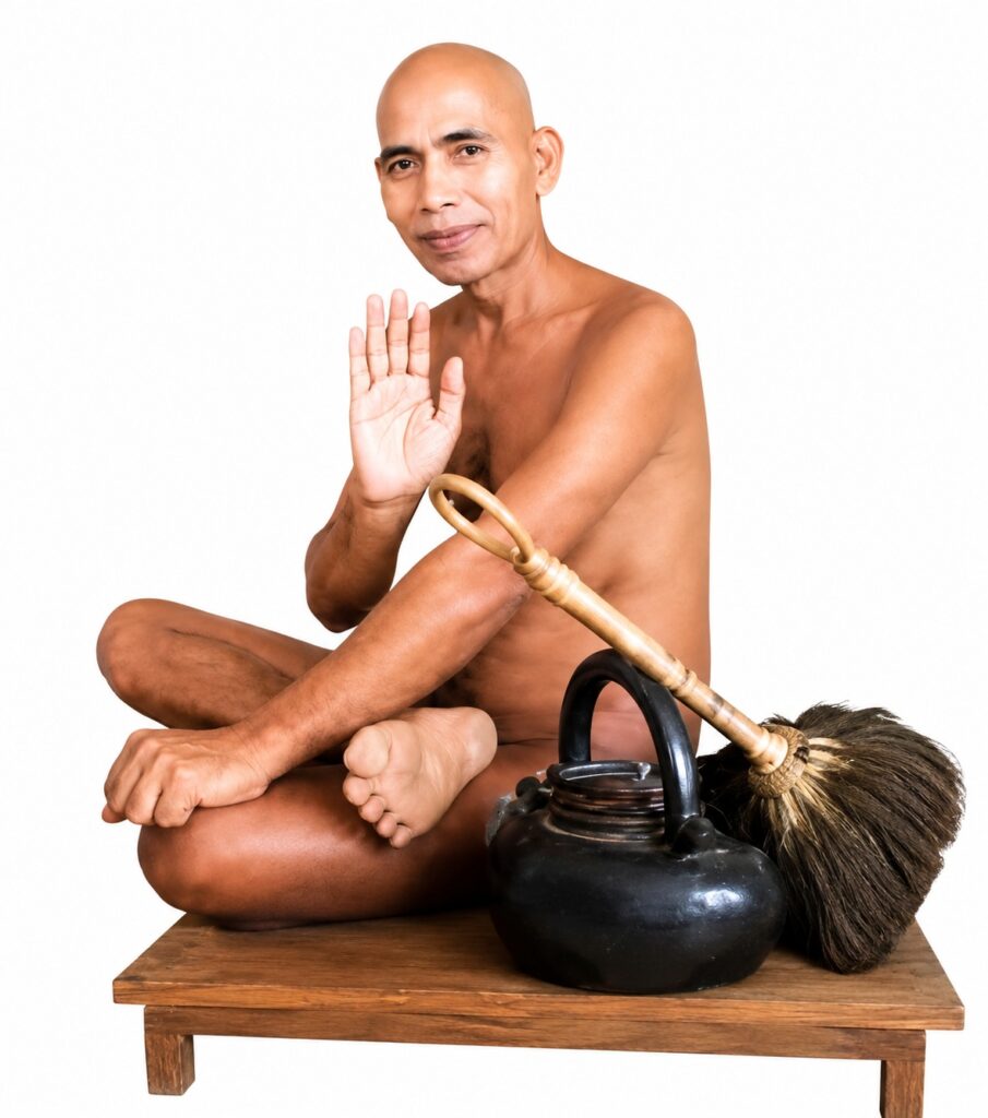 Bare-chested man meditating on a wooden table, one hand raised in a blessing gesture, with a kettle and large broom nearby.