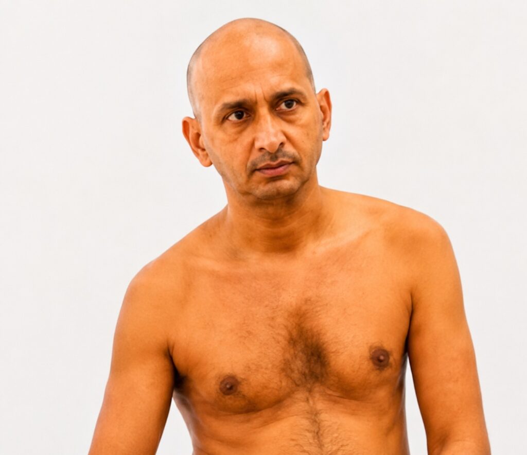 Shirtless man with a shaved head looking to the right against a plain light background.