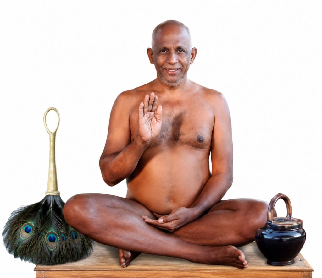 Shirtless older man meditating cross‑legged on a wooden bench, right hand raised in blessing mudra, with a feather duster and a dark pot beside him.