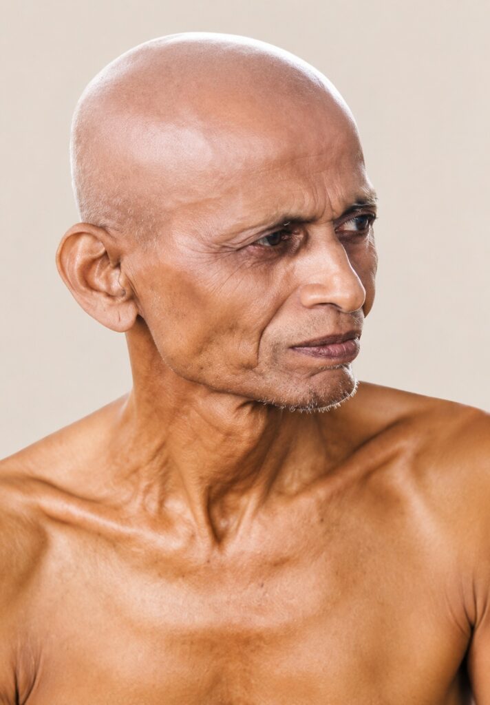 Close-up portrait of a bald, middle-aged man looking to the right with a calm expression, bare shoulders visible against a neutral background.