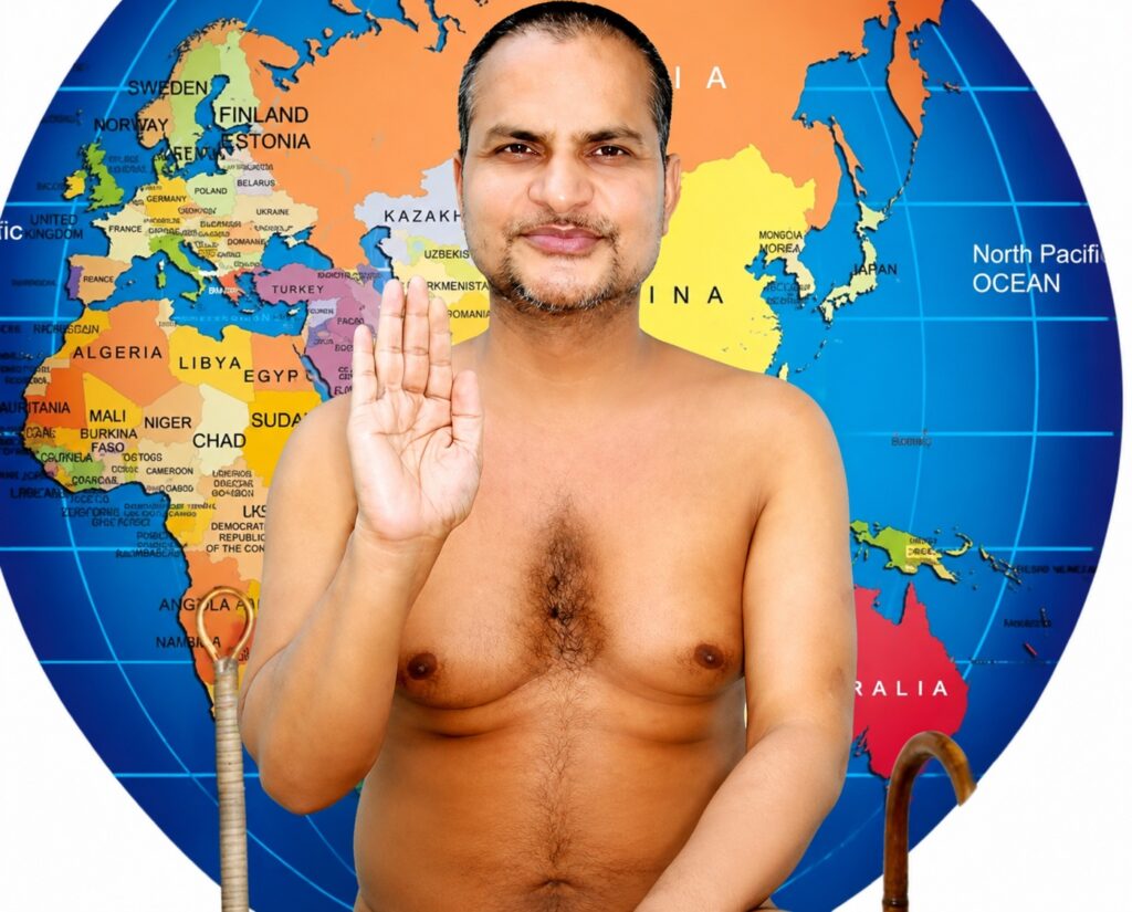 Shirtless man raising his hand in a blessing gesture in front of a colorful world map backdrop in blue and orange hues.
