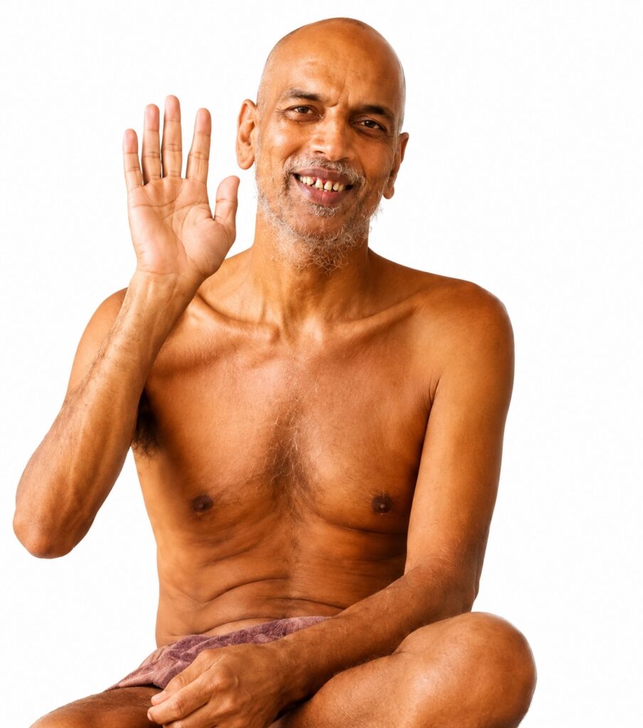 Smiling, shirtless older man of African descent waving hello at the camera while sitting crosses-legged.