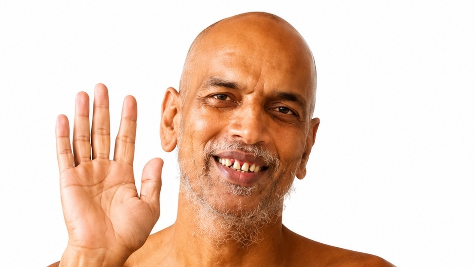 Smiling bald man with a gray beard waving hello to the camera, white background.