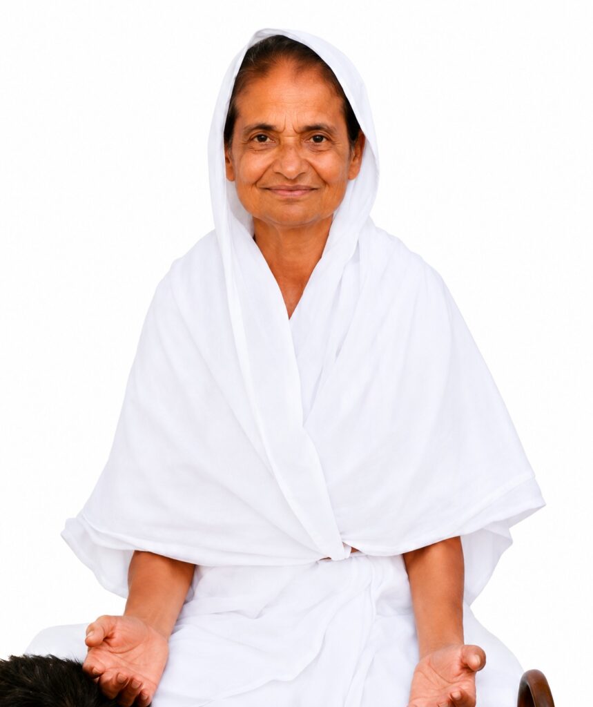 Older woman in a white robe meditating with hands rested on her knees, calm and smiling against a white background.