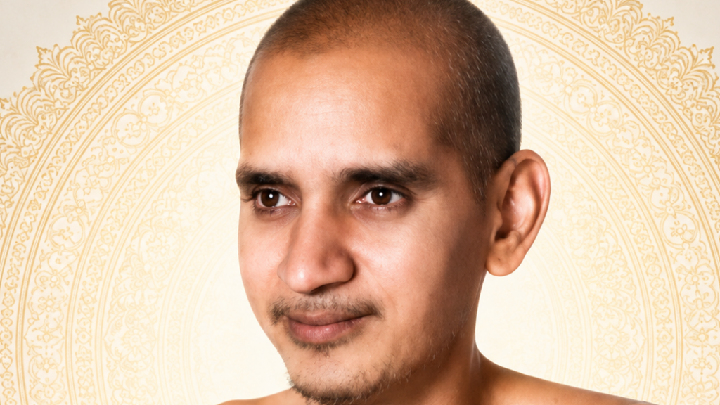 Close-up portrait of a man with short facial hair against a decorative gold mandala background, looking slightly to the side.