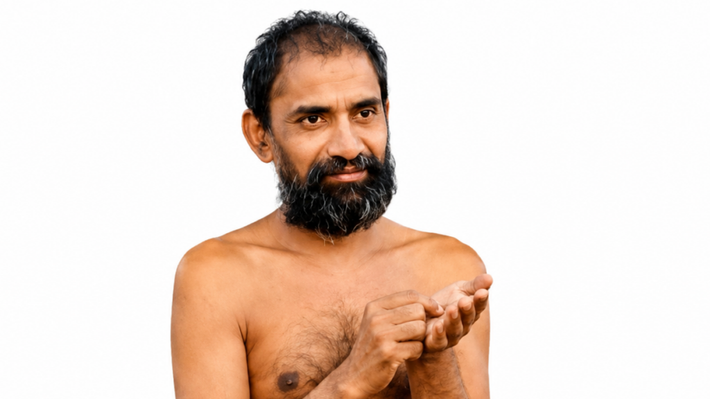 Shirtless man with a full beard gesturing with his hands as if explaining something.
