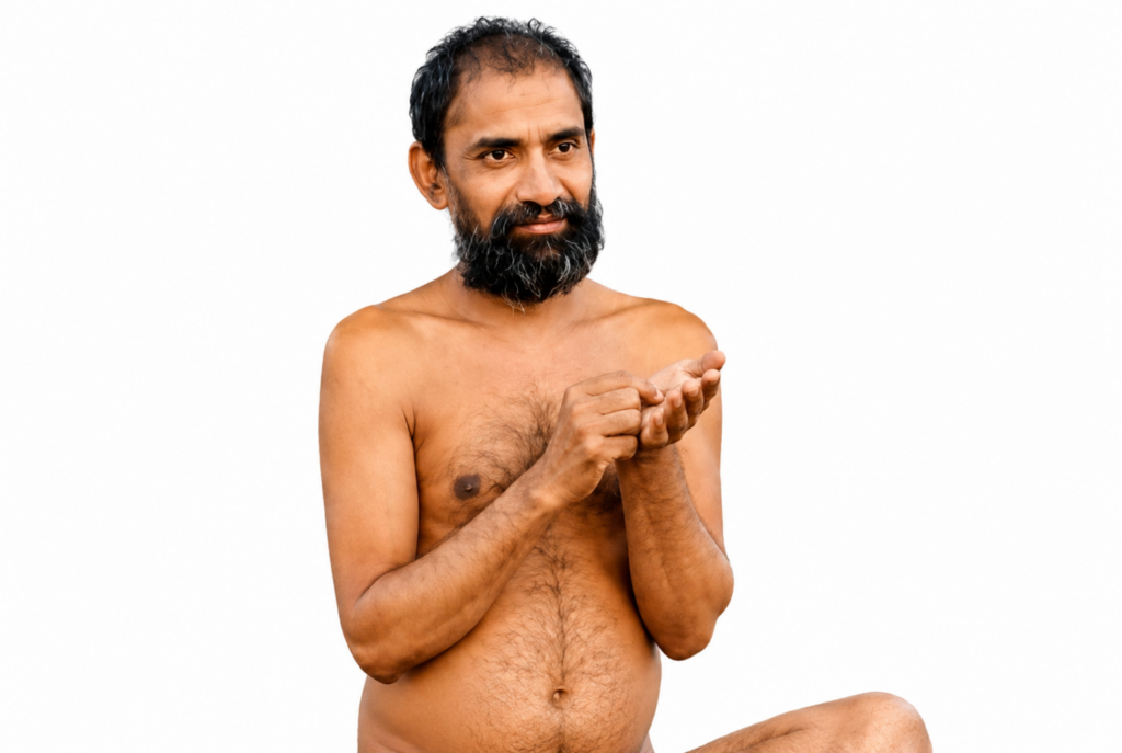 Bearded, shirtless man sits cross-legged, looking to his left while rubbing his hands together thoughtfully.