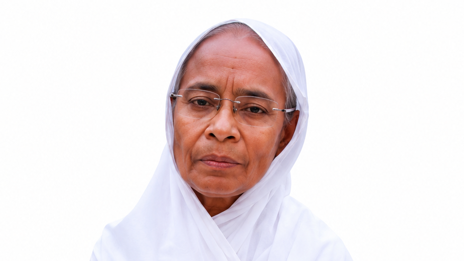 Portrait of an elderly woman wearing a white hijab and glasses, looking calmly ahead.