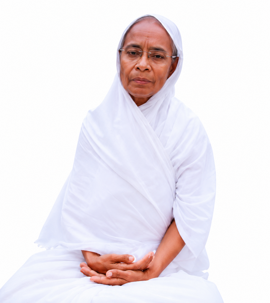 Elderly person in white traditional clothing meditating, hands resting on lap, calm expression, wearing glasses.