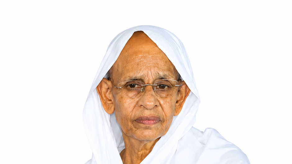 Close-up portrait of an elderly woman wearing a white headscarf and glasses, looking slightly to the left with a neutral expression.