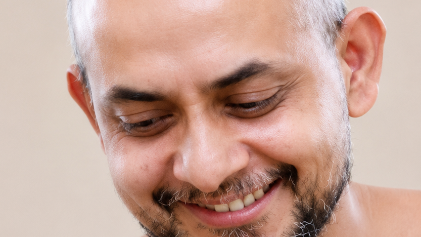 Close-up of a smiling man with a short gray beard looking downwards