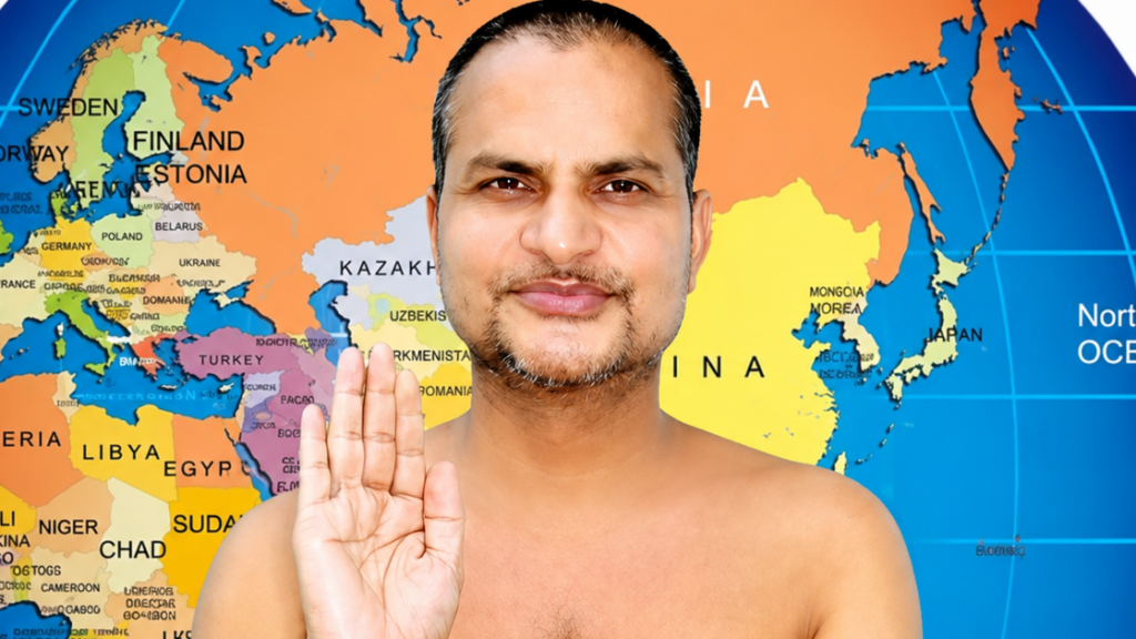 Smiling man with right hand raised in a blessing gesture in front of a colorful world map backdrop.
