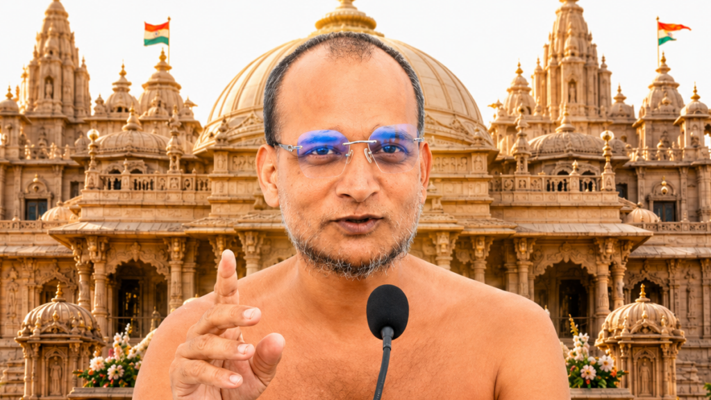 Shirtless man with blue glasses speaks into a microphone in front of an ornate temple backdrop with domes and flags.
