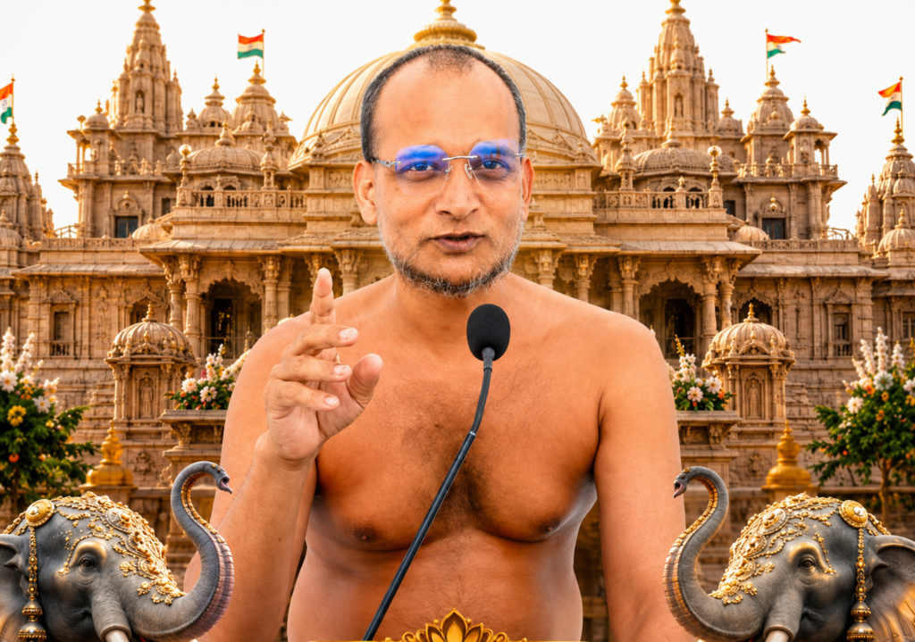 A shirtless man with glasses speaks into a microphone in front of an ornate Hindu temple with decorative elephants at the foreground and Indian flags in the background.
