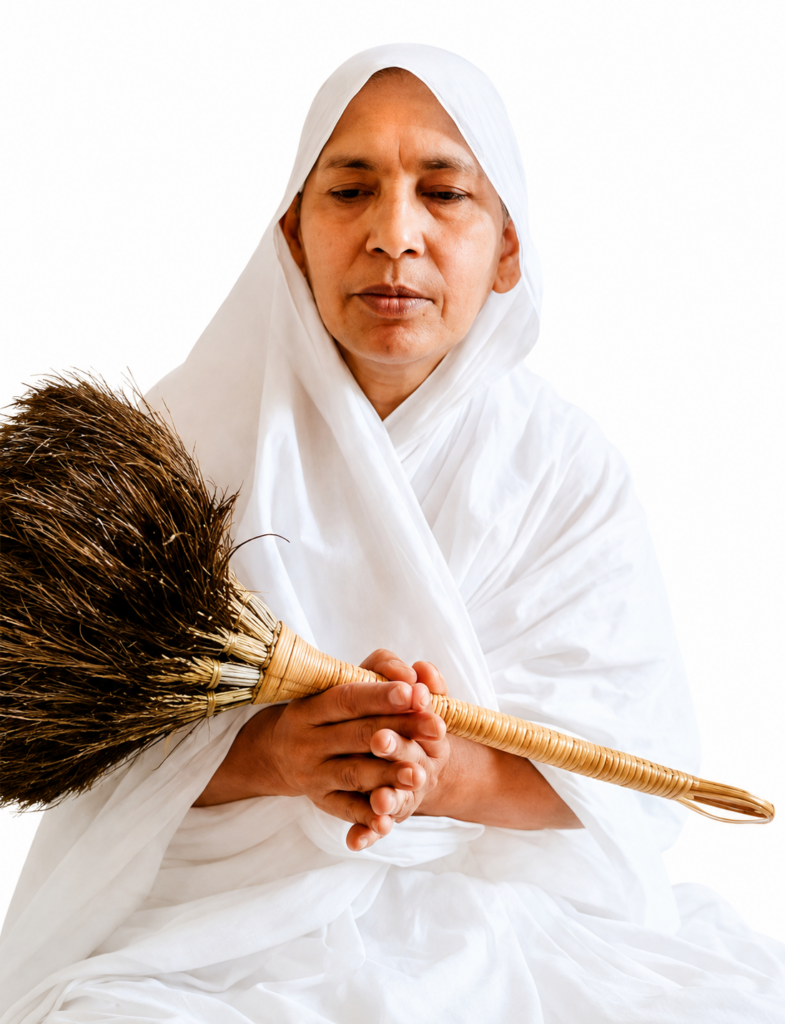 Woman in a white robe sits with a traditional broom, hands clasped and eyes lowered, calm and contemplative.