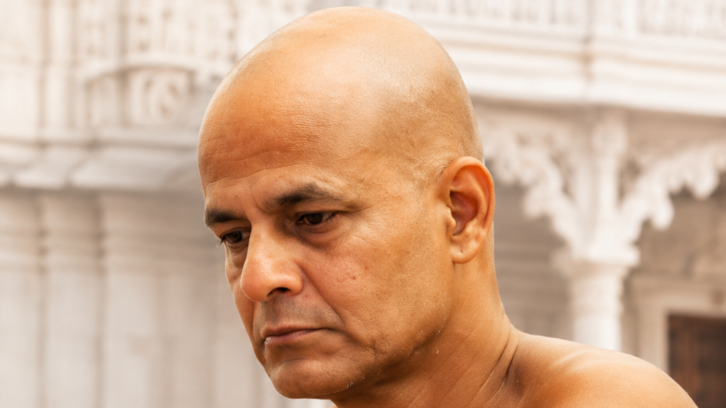Close-up of a bald man with a serious, downward-gazing expression, against a backdrop of ornate stone architecture.