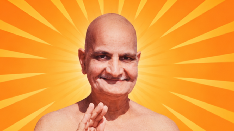 Smiling bald man holding hands in a namaste gesture against a bright orange sunburst background