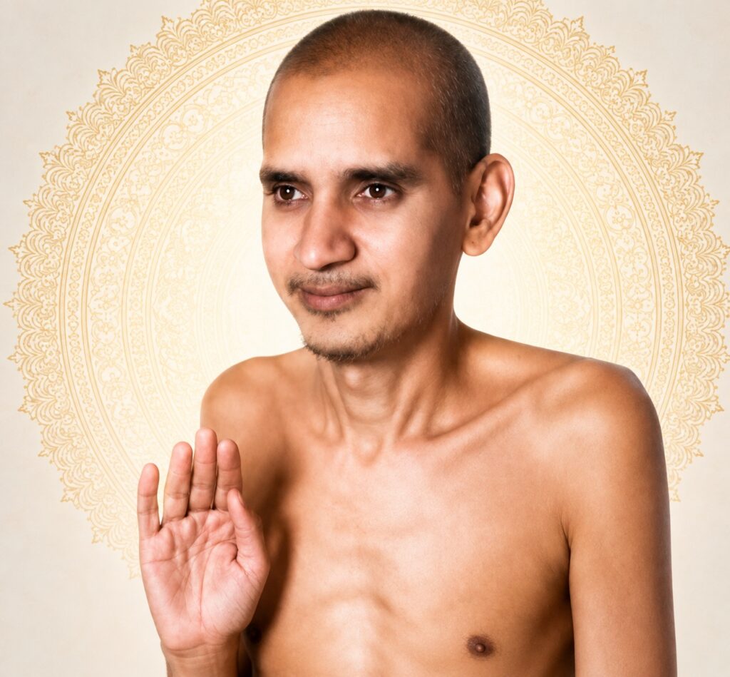 Portrait of a shirtless man raising his right hand in a blessing gesture against a decorative mandala background.