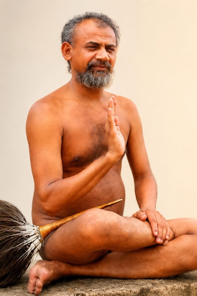 Older man with gray beard meditating cross-legged, hands pressed together in a prayer pose.