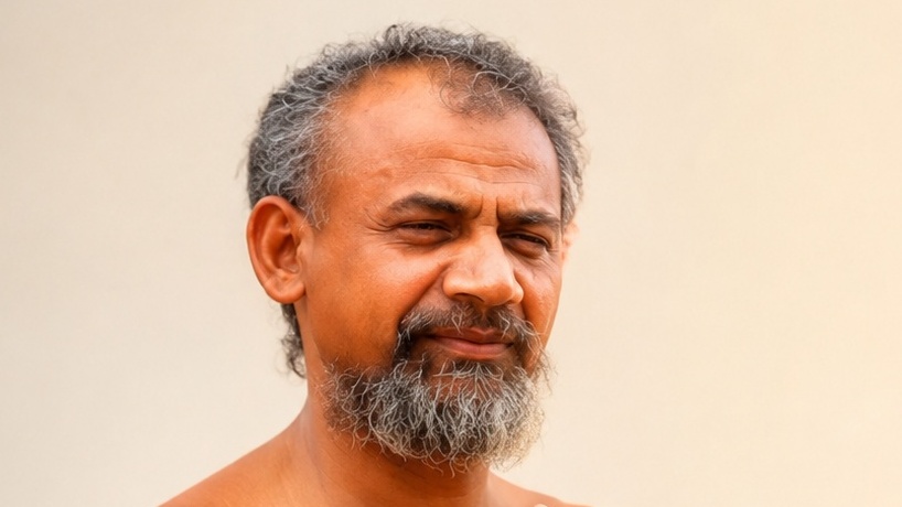 Close-up of a bearded middle-aged man with gray hair, gazing slightly to the side against a neutral background.