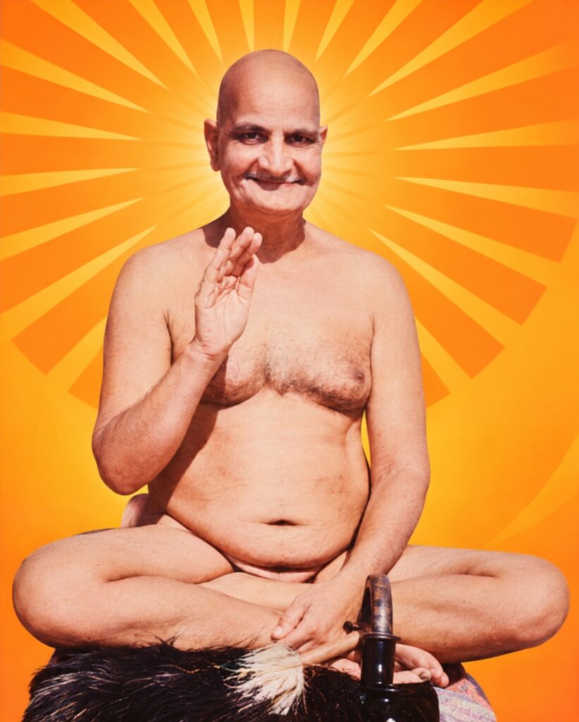 Smiling bald man seated cross-legged, shirtless, raising his right hand in blessing against an orange sunburst backdrop.