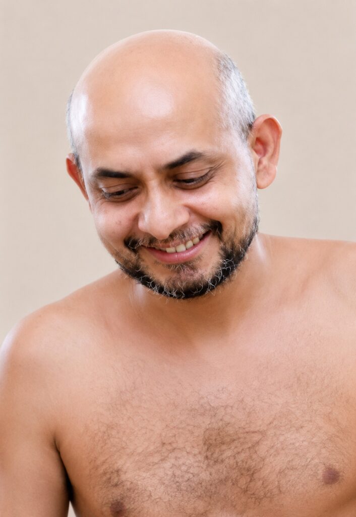 Close-up of a smiling bald man with a short beard, looking down slightly.