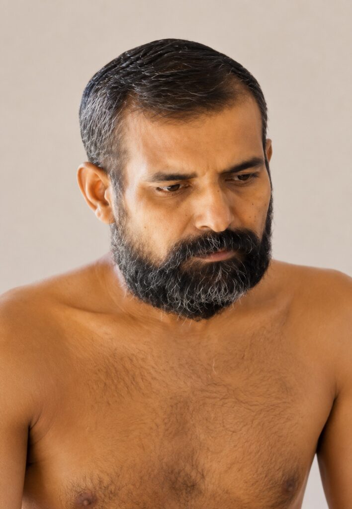 Close-up of a bearded man with short dark hair looking downward.