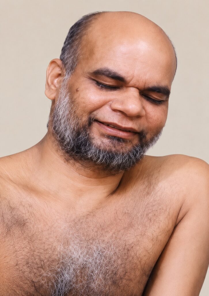 Close-up of a smiling middle-aged man with a gray beard and bald head, eyes closed.