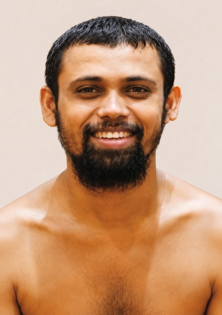 Smiling man with a beard and short dark hair, shirtless against a beige background.