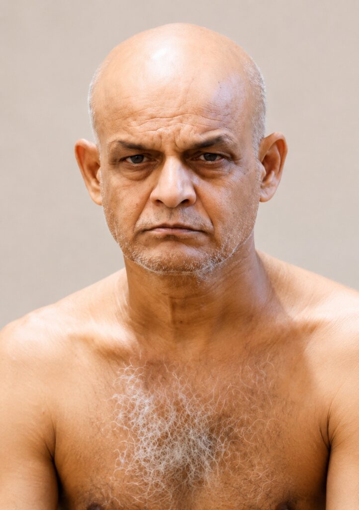 A serious middle-aged, bald man with gray stubble on his chin and chest, looking straight ahead against a neutral background