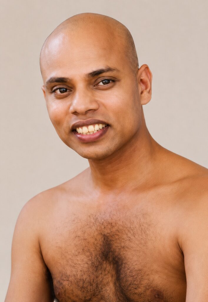 Close-up portrait of a smiling man with a shaved head against a neutral background.