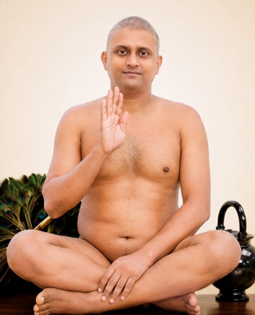 Man sits cross-legged in meditation, raising his right hand in a blessing mudra with a calm expression.