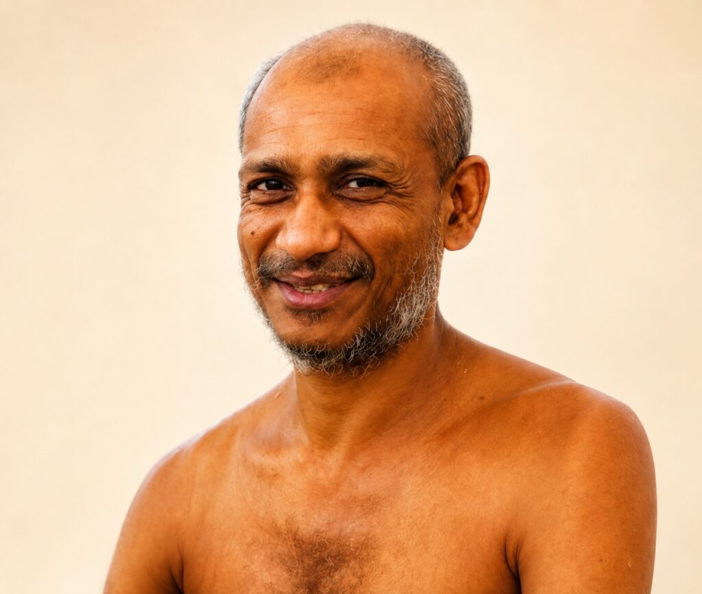 Smiling middle-aged man with a short grey beard, bare shoulders, and a beige background.