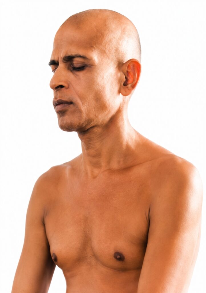 Profile of a shirtless man with eyes closed, facing left, against a white background.