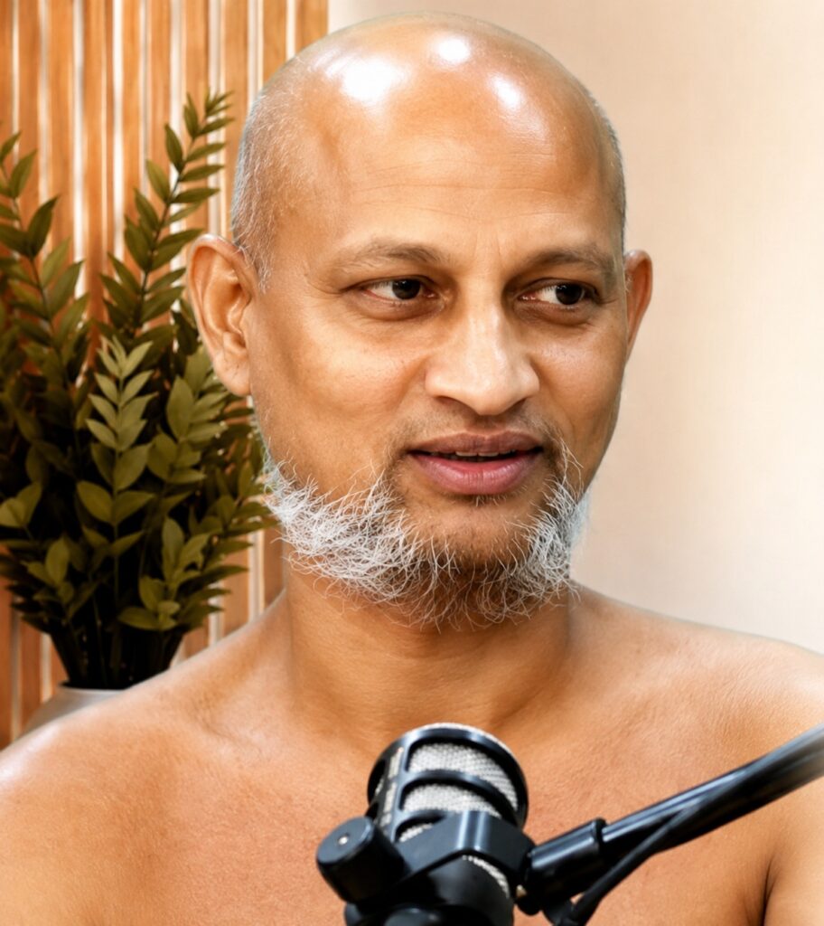 Man with a shaved head and gray beard speaks into a microphone, indoors, wearing no shirt.