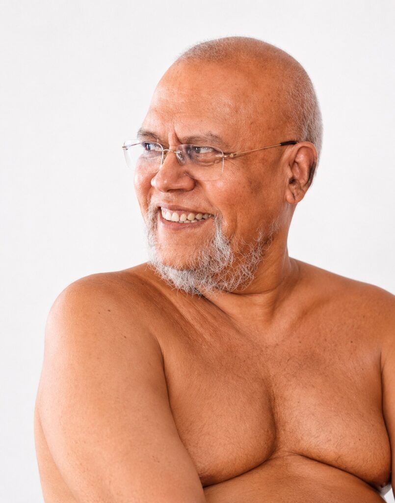 Smiling older man with glasses and a gray beard, shirtless, looking to the side.