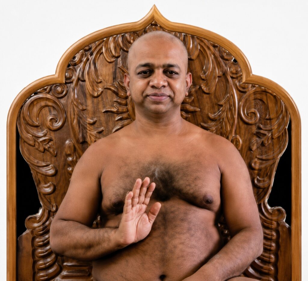 Man seated topless on an ornate carved wooden throne, raising his right hand in a calm gesture.