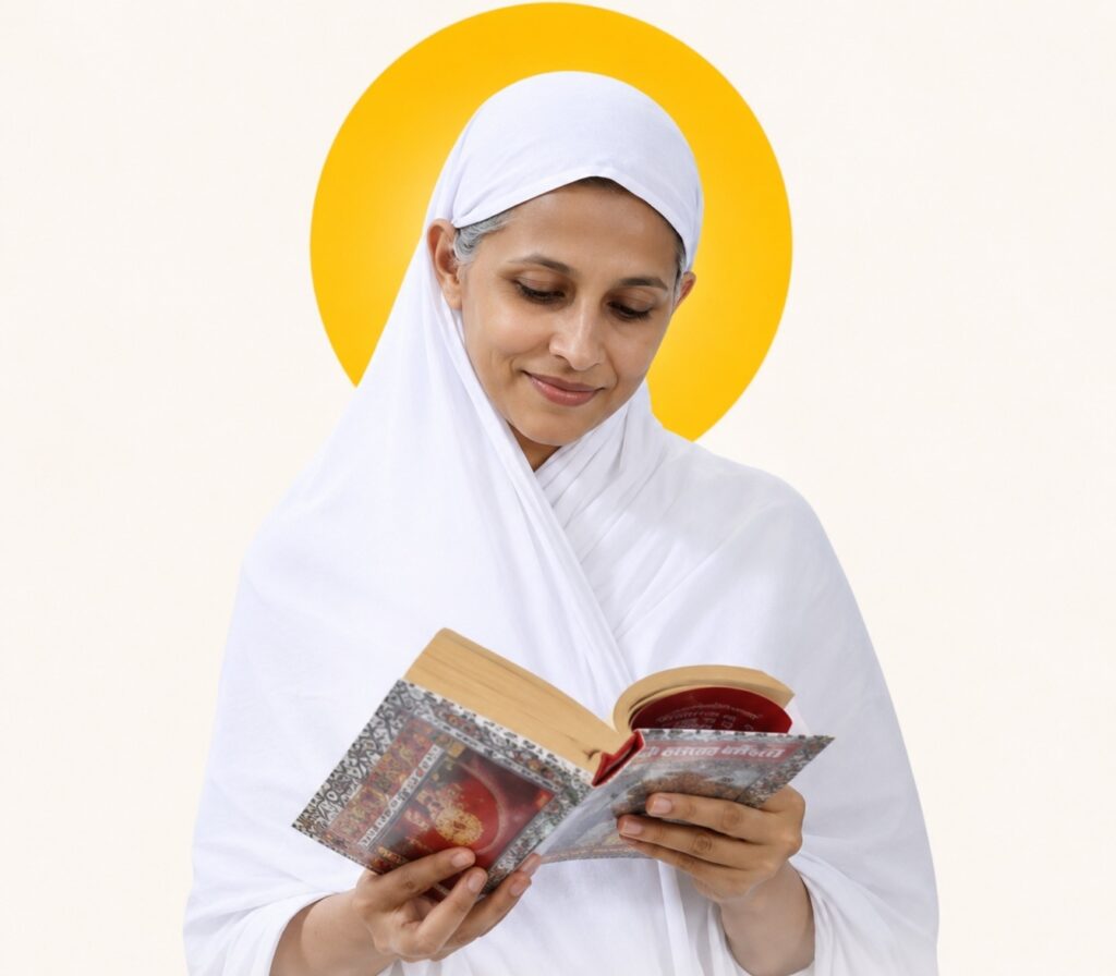 Woman in a white hijab reads a colorful booklet, smiling softly against a pale background with a yellow circular backdrop behind her.