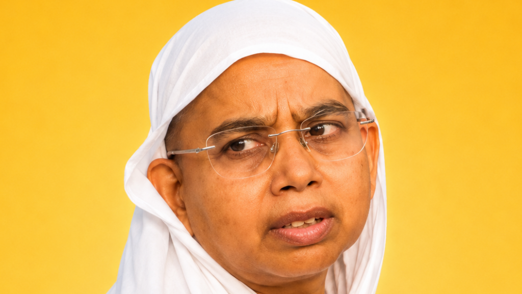Close-up of a person wearing a white headscarf and thin glasses, looking puzzled against a bright yellow background.