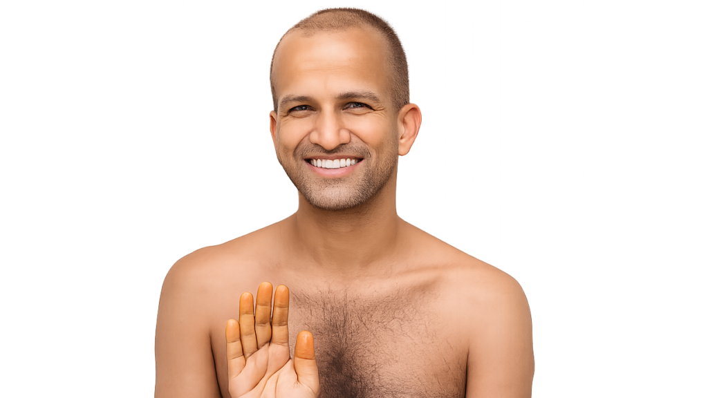 Smiling shirtless man raises his hand in a palm-forward stop gesture against a warm brown gradient background.