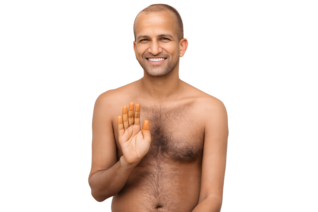 Smiling shirtless man with short hair raises his right hand in a stop gesture toward the camera.