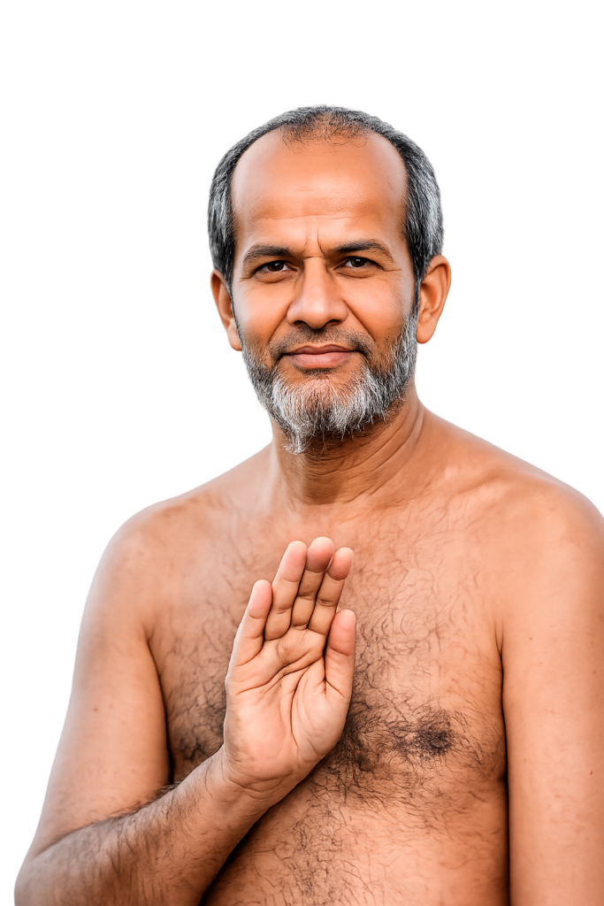 Middle-aged man with gray beard, shirtless, raising his right hand in a greeting against a brown gradient background.