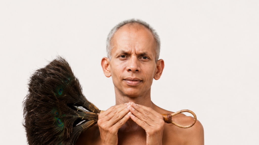 Portrait of a shirtless man with a peacock feather fan resting on his left shoulder, hands pressed together in front.