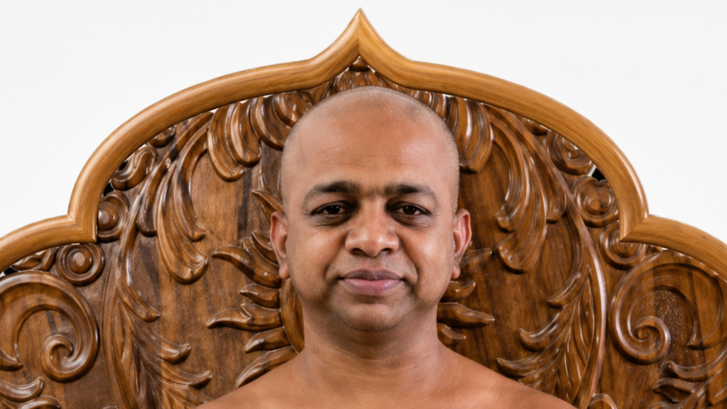 Man sits shirtless on an ornate carved wooden throne, facing the camera.